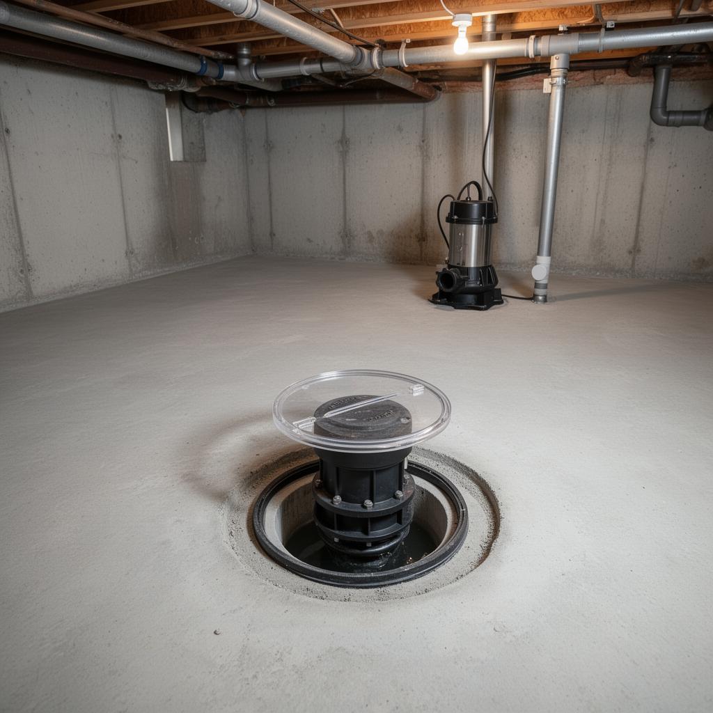 Backwater valve installed in an Ottawa basement floor with sump pump for flood prevention