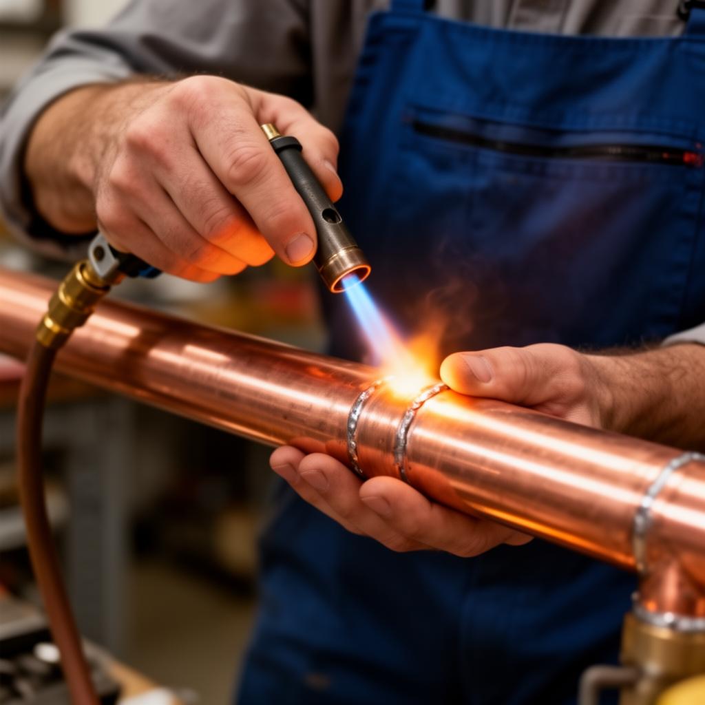 Master plumber soldering a copper pipe joint during an Ottawa repipe project