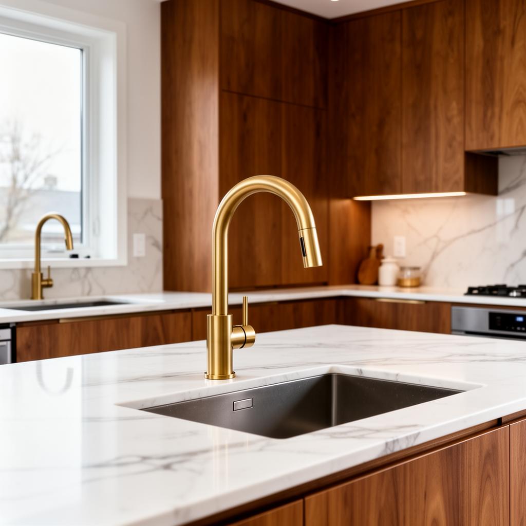 Brushed brass kitchen faucet installed over marble island sink in a modern Ottawa kitchen