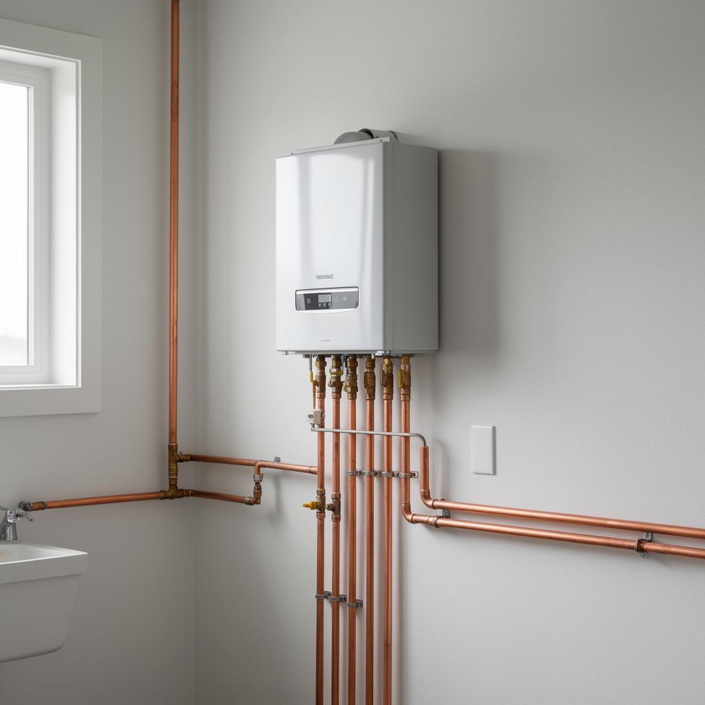 Wall-mounted tankless water heater installation with copper supply lines in an Ottawa home