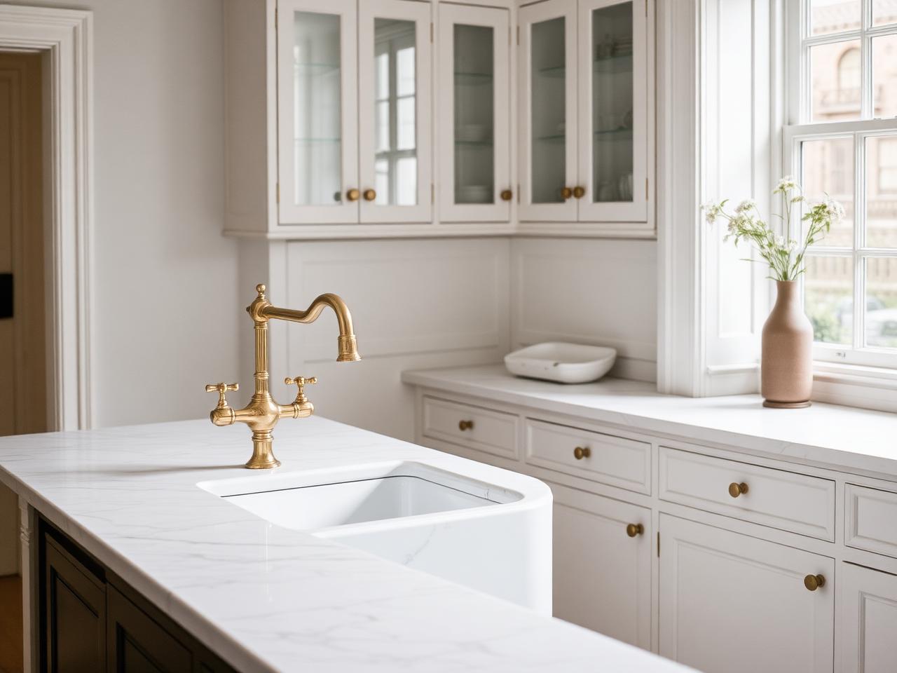Brass faucet over marble countertop in a Rockcliffe Park estate kitchen by Adams Plumbing